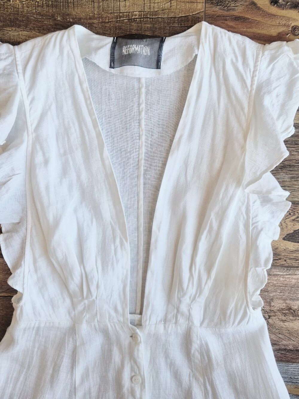 Reformation Linen Ruffle Sleeveless Deep V-Neck Midi Dress Button-Front Pocket - Picture 8 of 15
